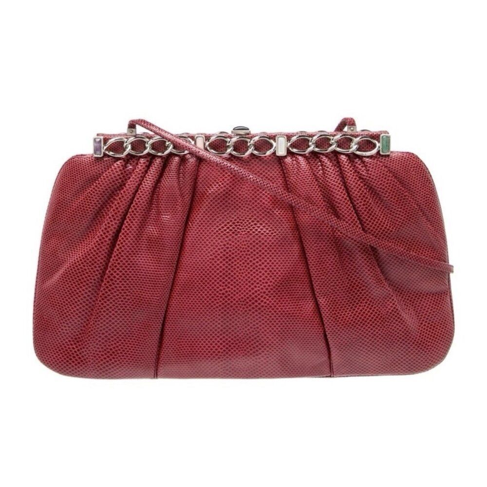 judith leiber Authentic Solid Red Leather Embossed Evening Bag